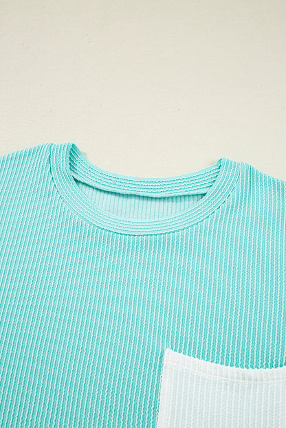 Iceland Blue 3D Ribbed Texture Contrast Patched Pocket Long Sleeve Top