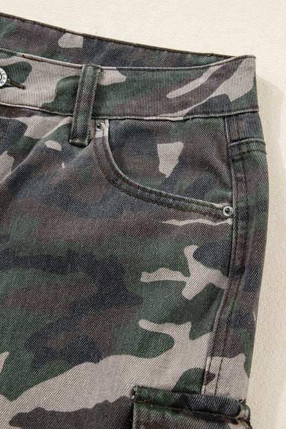Green Camo Denim Cargo Wide Leg Pants
