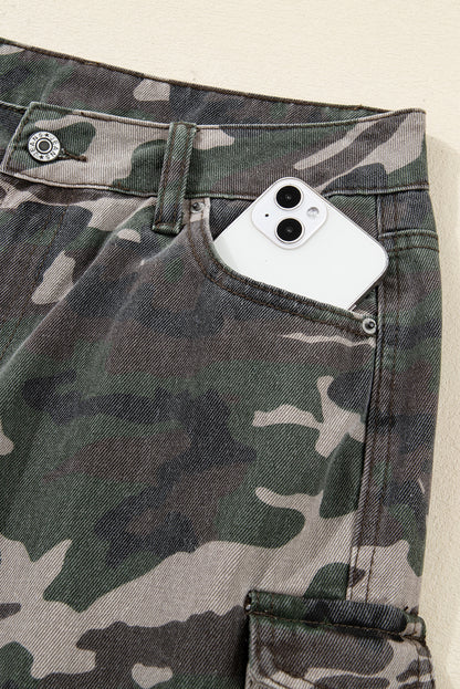 Green Camo Denim Cargo Wide Leg Pants