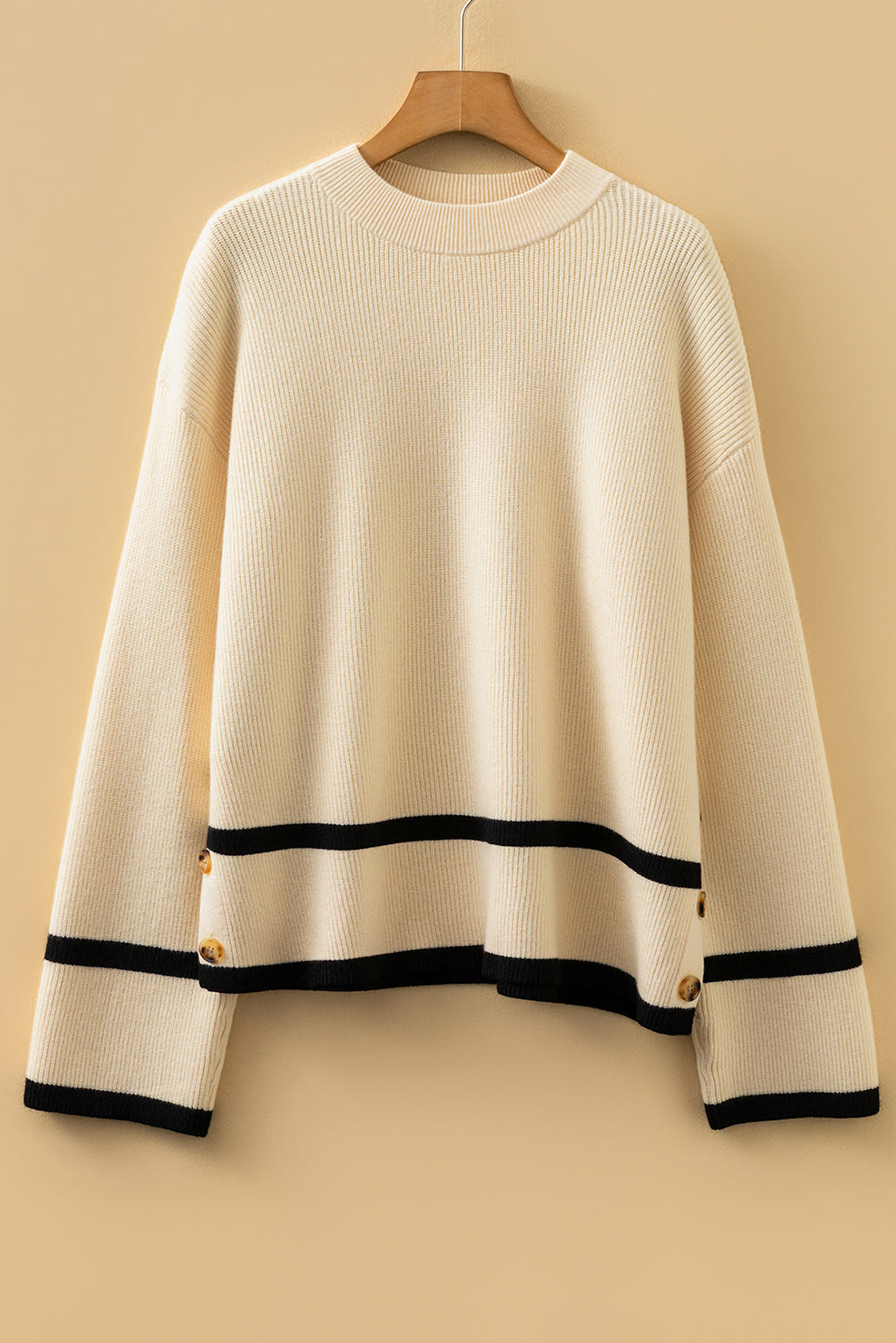 Beige Ribbed Knit Contrasted Stripe Detail Button Side Loose Sweater