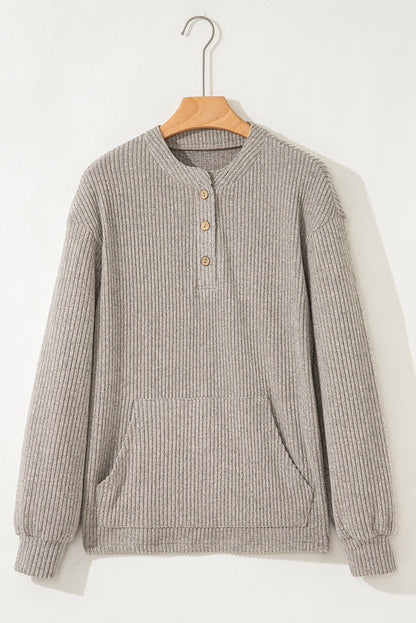 Simply Taupe Ribbed Texture Drop Shoulder Henley Knit Top