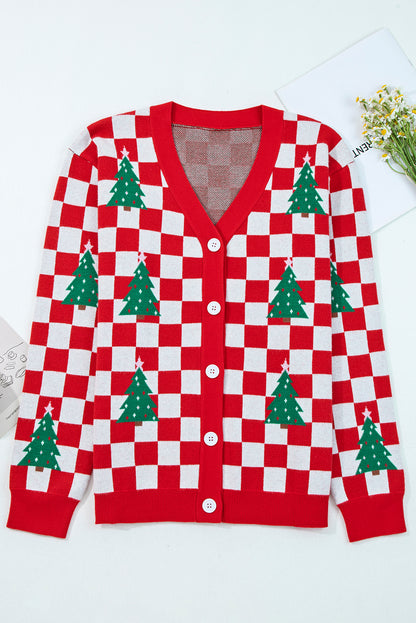 Red Checkered Christmas Tree Pattern Button V Neck Cardigan Sweater