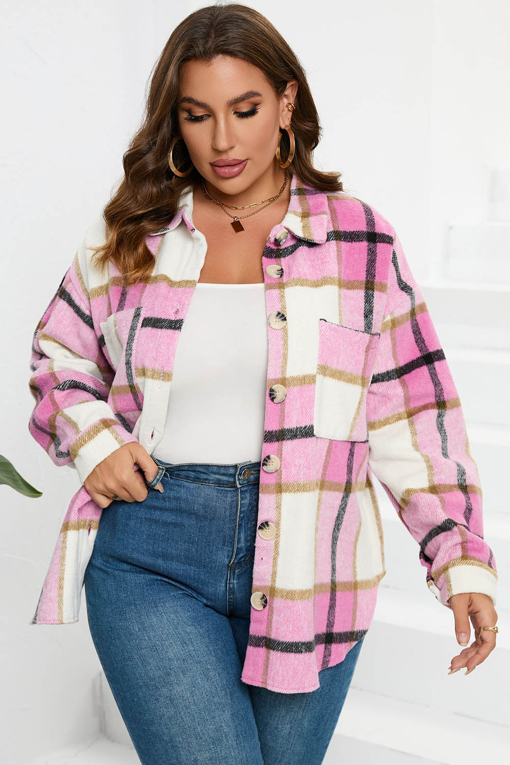 Pink Plaid Color Block Buttoned Long Sleeve Jacket with Pocket