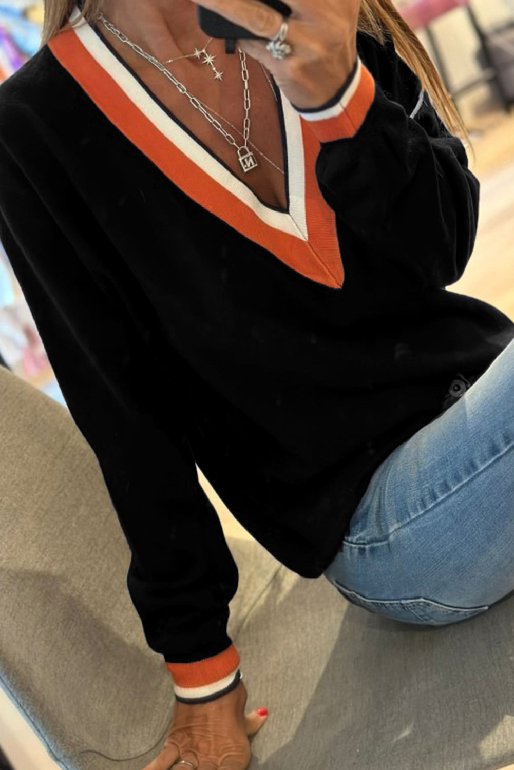 Black Contrast Striped Trim V Neck Varsity Sweater