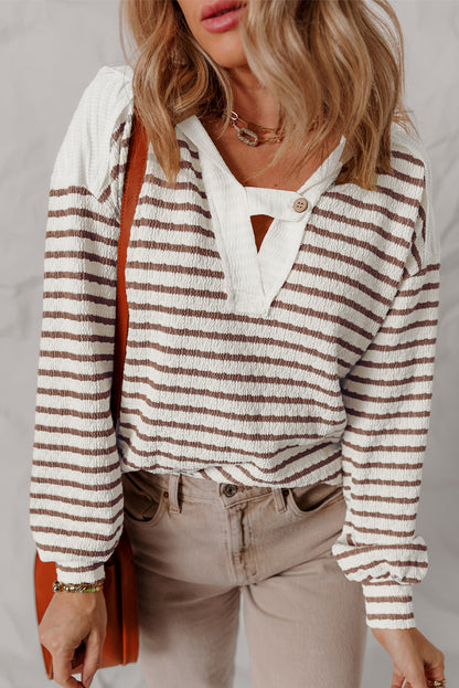 Black Stripe Textured Hooded V Neck Casual Long Sleeve Top