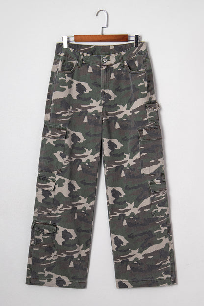 Green Camo Denim Cargo Wide Leg Pants
