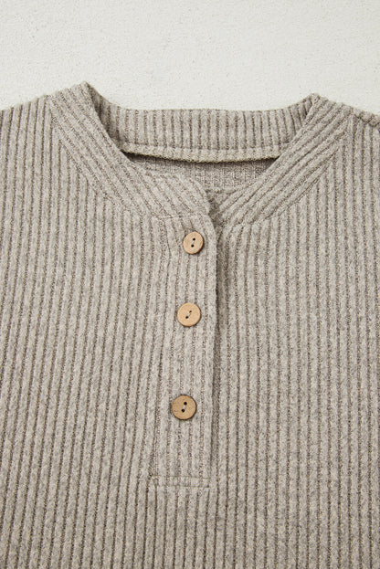 Simply Taupe Ribbed Texture Drop Shoulder Henley Knit Top