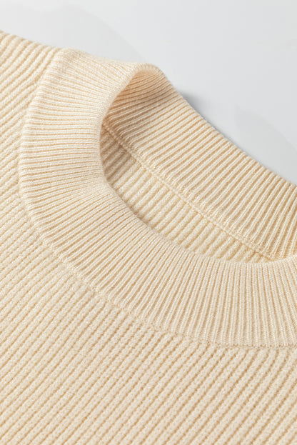 Beige Ribbed Knit Contrasted Stripe Detail Button Side Loose Sweater