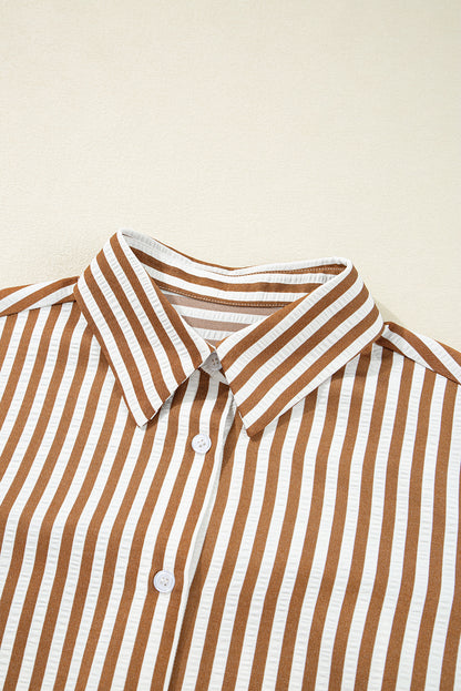 Brown Stripe Ruffled Hem Collared Long Sleeve Shirt Mini Dress