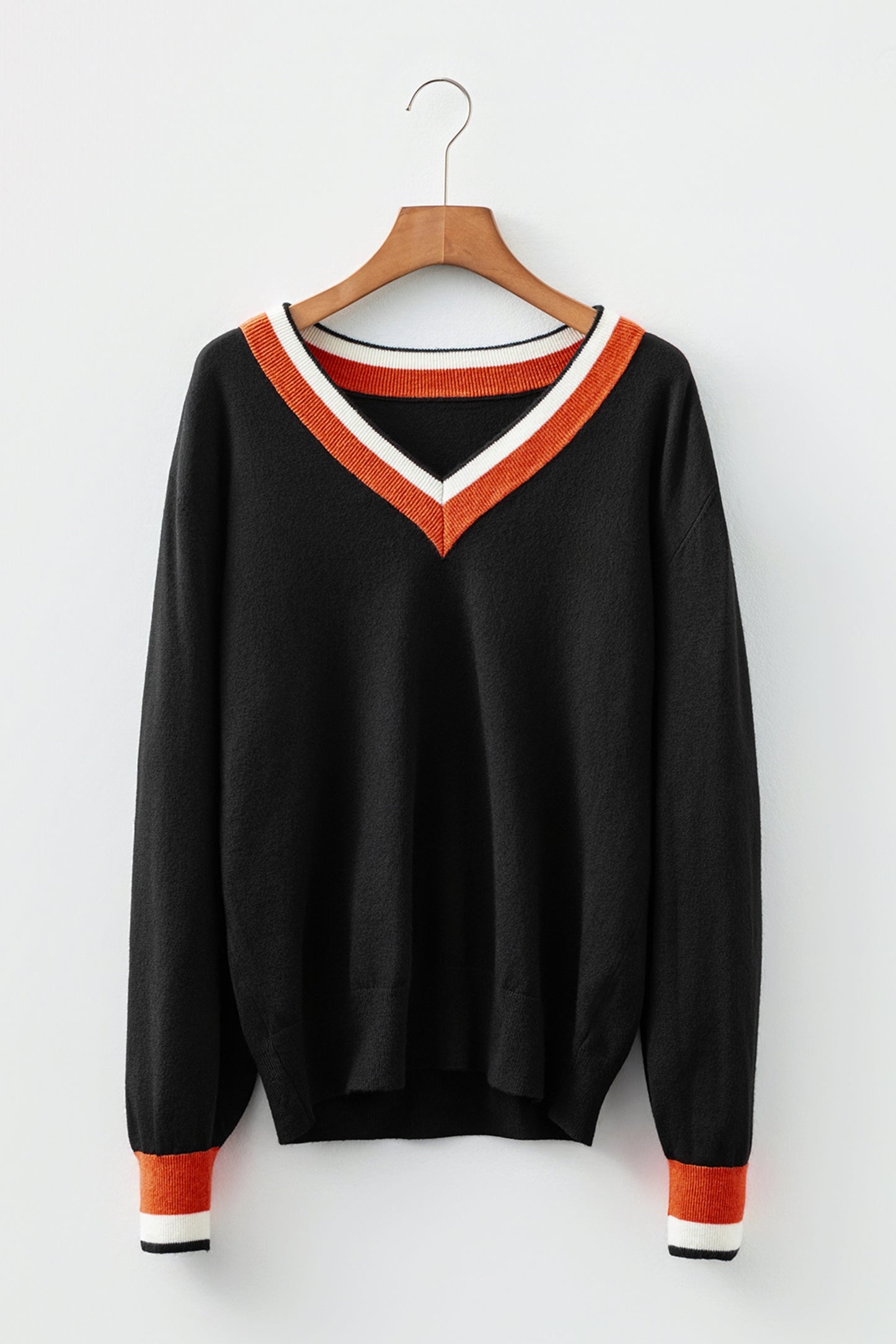 Black Contrast Striped Trim V Neck Varsity Sweater