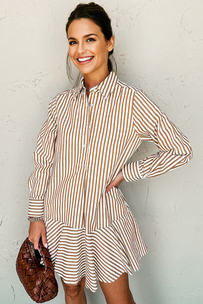 Brown Stripe Ruffled Hem Collared Long Sleeve Shirt Mini Dress