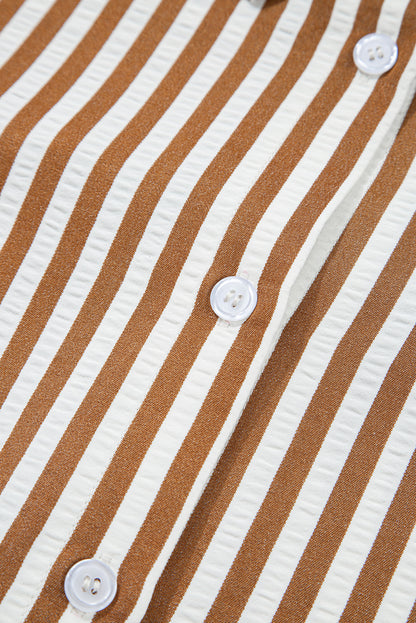 Brown Stripe Ruffled Hem Collared Long Sleeve Shirt Mini Dress