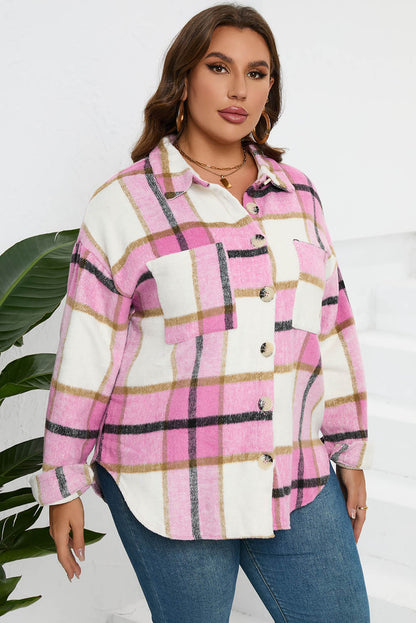 Pink Plaid Color Block Buttoned Long Sleeve Jacket with Pocket