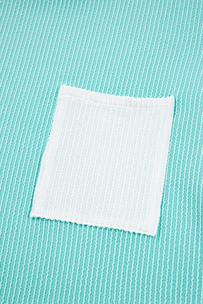 Iceland Blue 3D Ribbed Texture Contrast Patched Pocket Long Sleeve Top